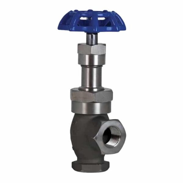 Strahman V18 SST Angle Valve Blue Handwheel Screwed Ends