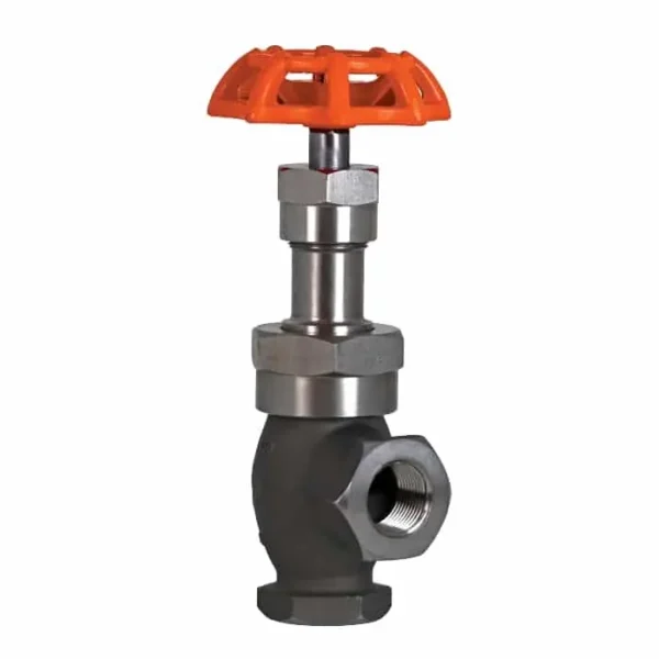 Strahman V18 SST Angle Valve Orange Handwheel Screwed Ends